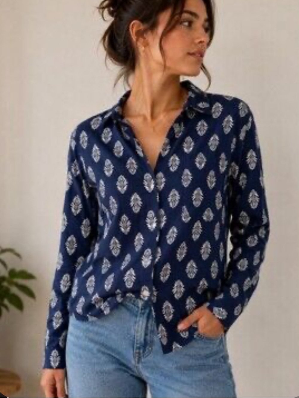 J. Crew Navy Button-Down Shirt with White Medallion Print